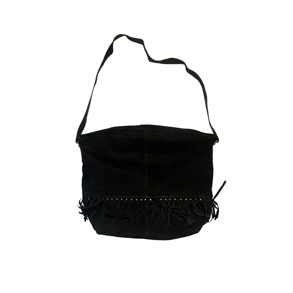Black Genuine Suede Fringe Hobo Bag Studded Western Boho Shoulder Bag